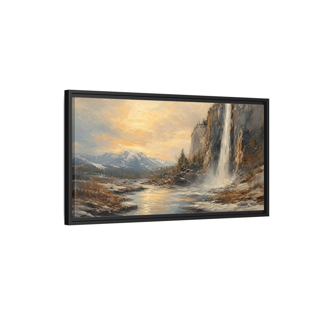 Side Mockup 2. Nature Waterfall Mountains Golden Mountain Waterfall shown as stretched canvas wall art