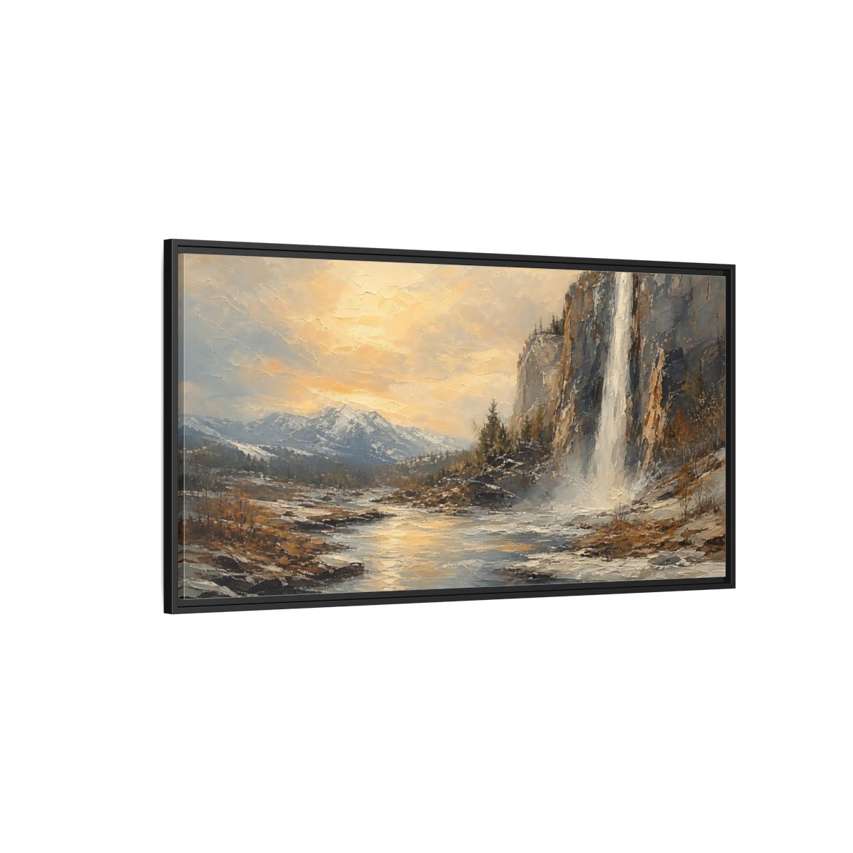 Side Mockup 5. Nature Waterfall Mountains Golden Mountain Waterfall shown as stretched canvas wall art