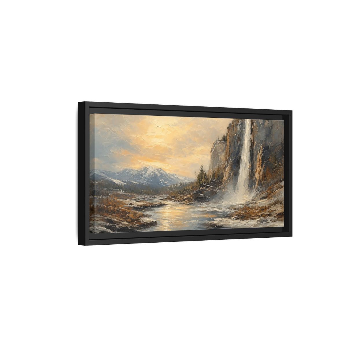 Side Mockup 8. Nature Waterfall Mountains Golden Mountain Waterfall shown as stretched canvas wall art