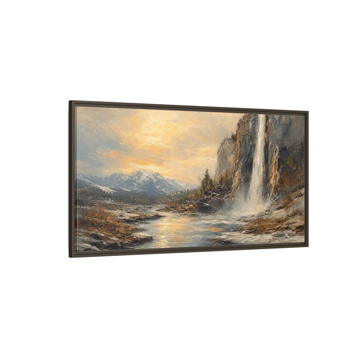 Side Mockup 4. Nature Waterfall Mountains Golden Mountain Waterfall shown as stretched canvas wall art