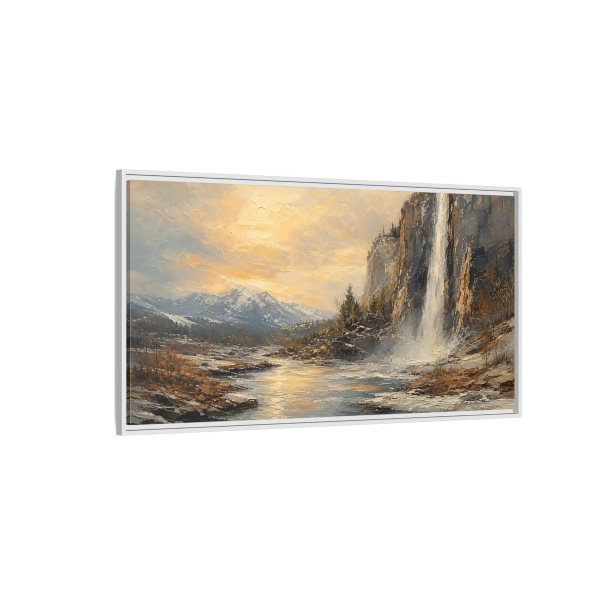 Side Mockup 3. Nature Waterfall Mountains Golden Mountain Waterfall shown as stretched canvas wall art