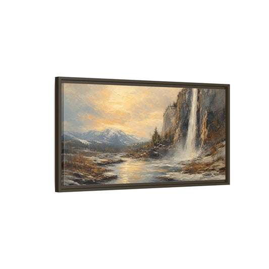Main Mockup. Nature Waterfall Mountains Golden Mountain Waterfall shown as stretched canvas wall art