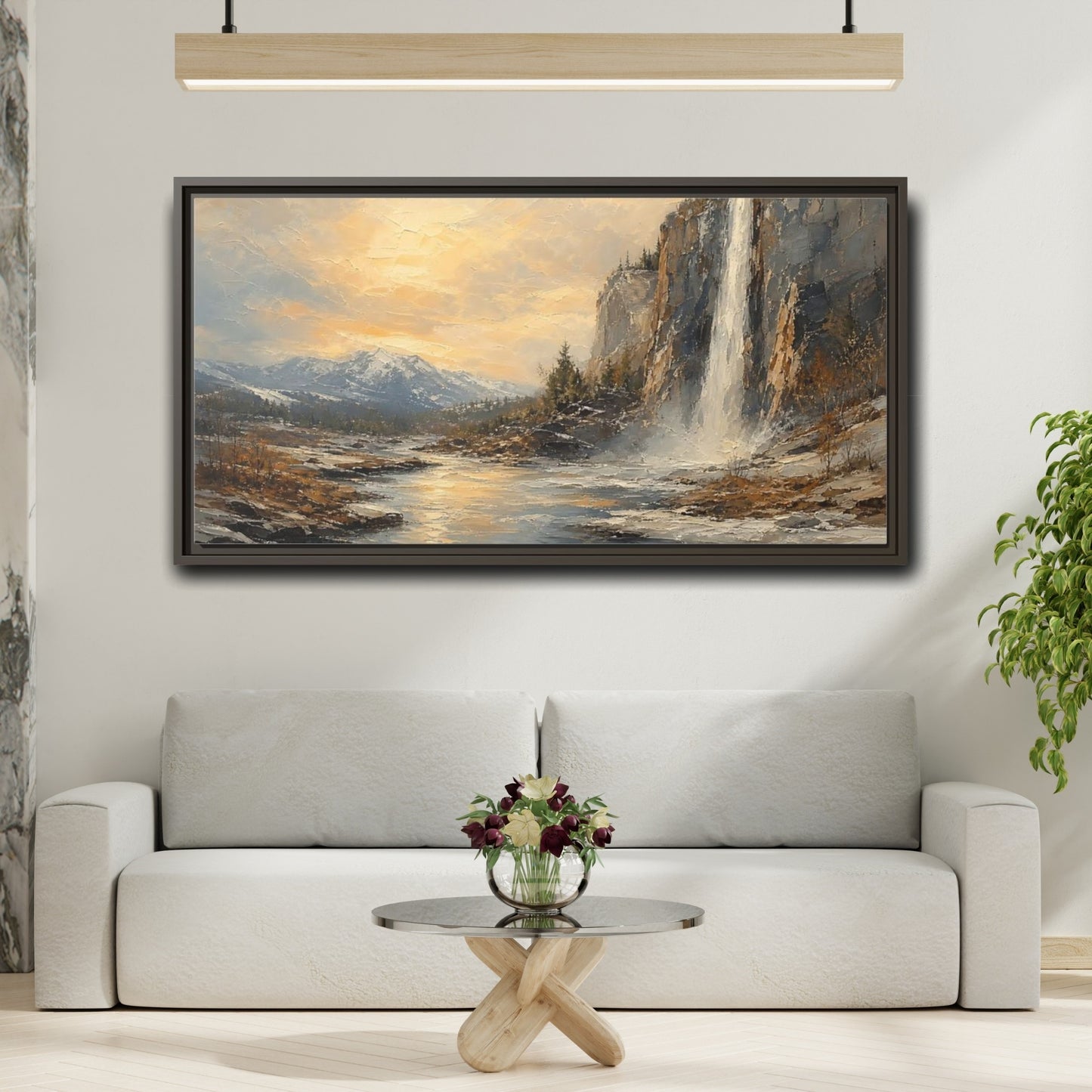 Mockup 2. Nature Waterfall Mountains Golden Mountain Waterfall shown as stretched canvas wall art