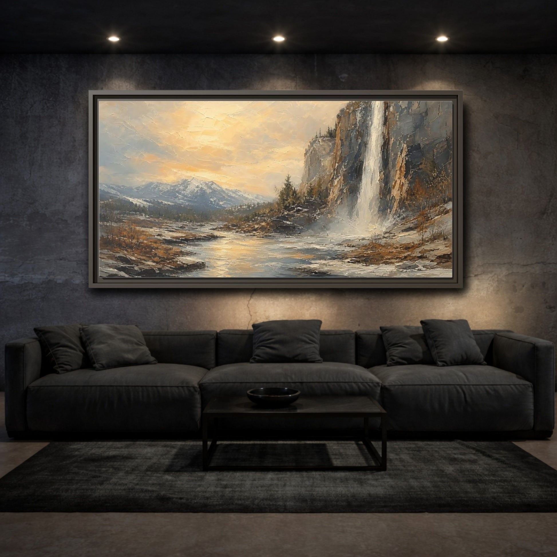 Mockup 3. Nature Waterfall Mountains Golden Mountain Waterfall shown as stretched canvas wall art