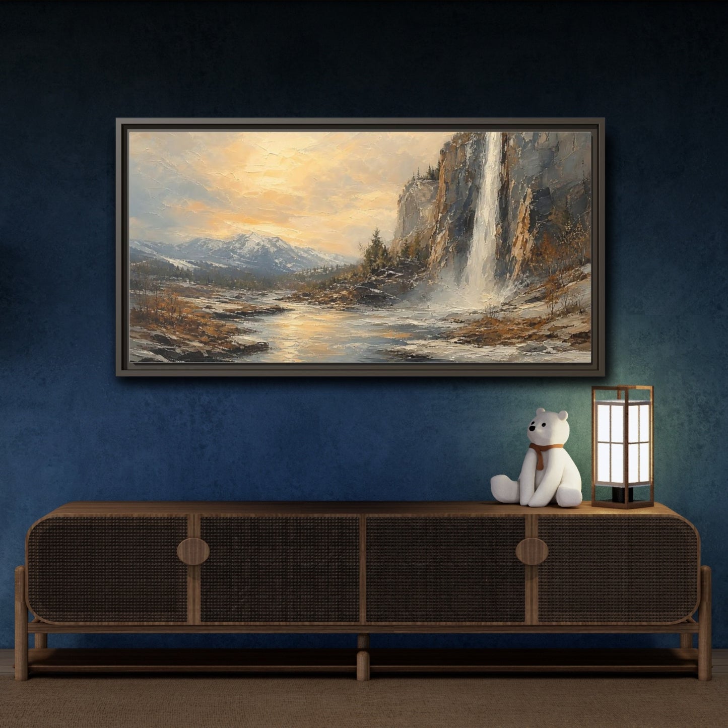 Mockup 4. Nature Waterfall Mountains Golden Mountain Waterfall shown as stretched canvas wall art