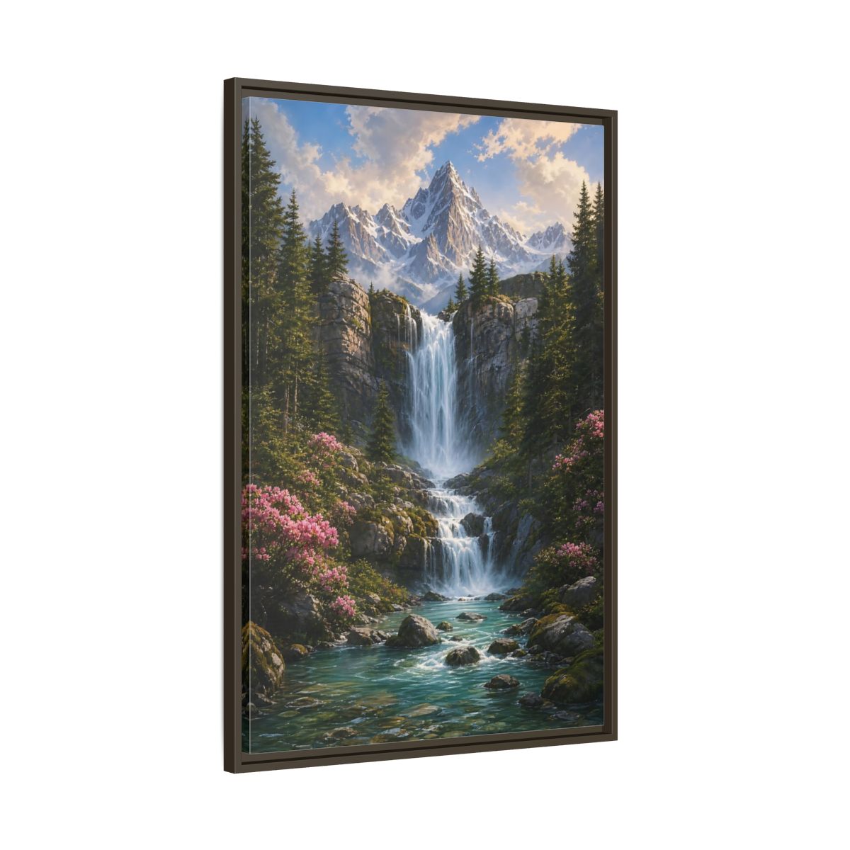 Nature Waterfall Mountains Framed Canvas Wall Art - Living Room, Above Fireplace shown as canvas wall art