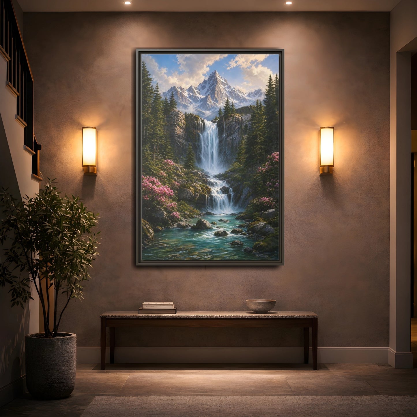 Nature Waterfall Mountains Framed Canvas Wall Art - Living Room, Above Fireplace shown as canvas wall art
