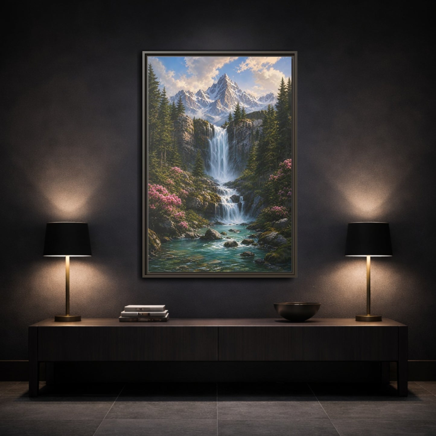 Nature Waterfall Mountains Framed Canvas Wall Art - Living Room, Above Fireplace shown as canvas wall art