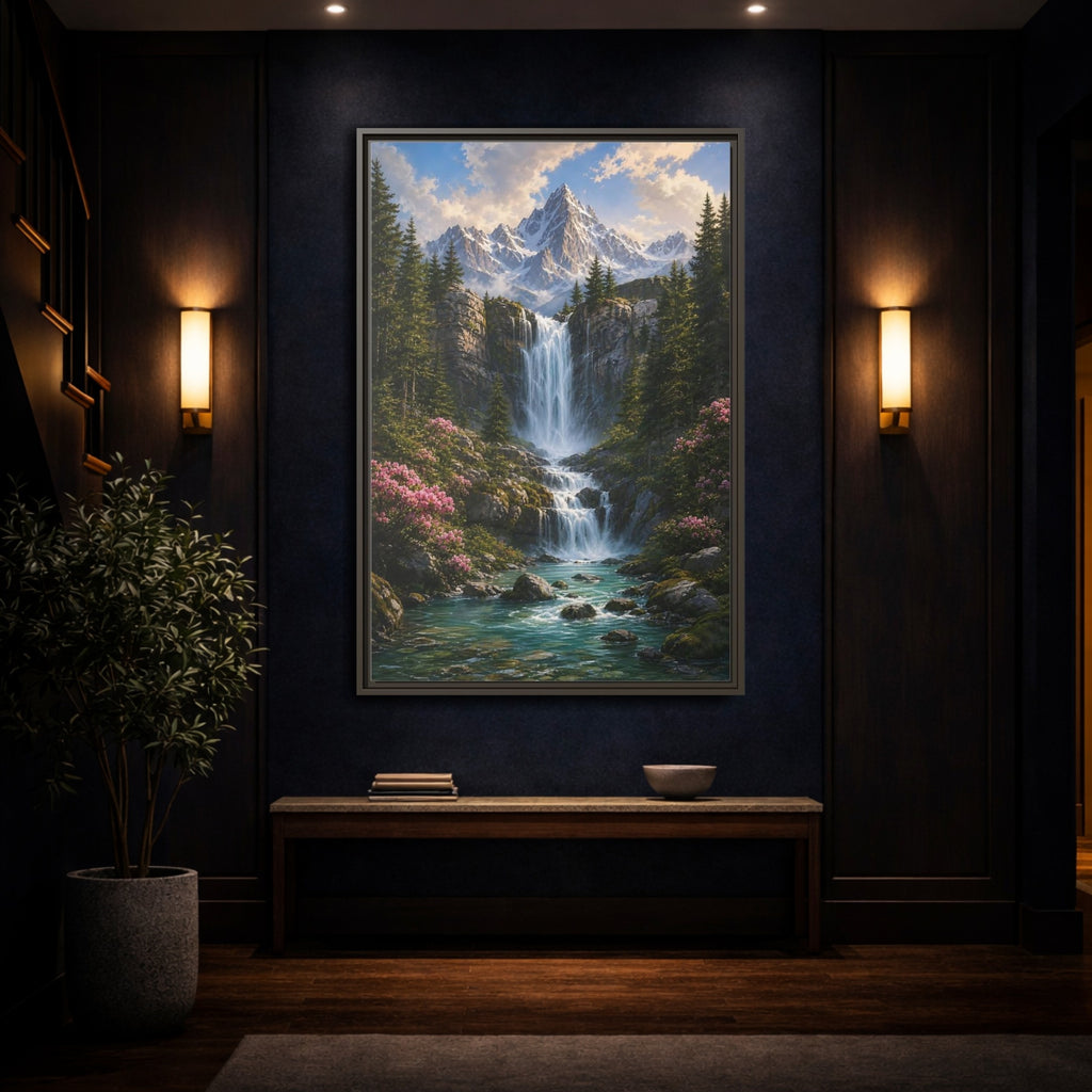 Mockup 4. Nature Waterfall Mountains Mountain Waterfall shown as stretched canvas wall art