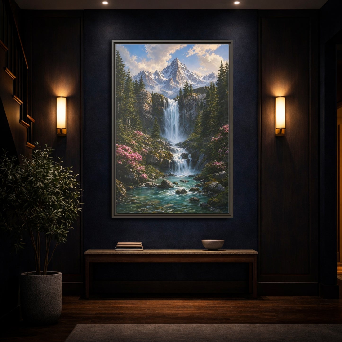 Nature Waterfall Mountains Framed Canvas Wall Art - Living Room, Above Fireplace shown as canvas wall art