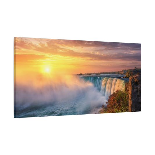 Main Mockup. Nature Waterfall Orange And Blue shown as stretched canvas wall art