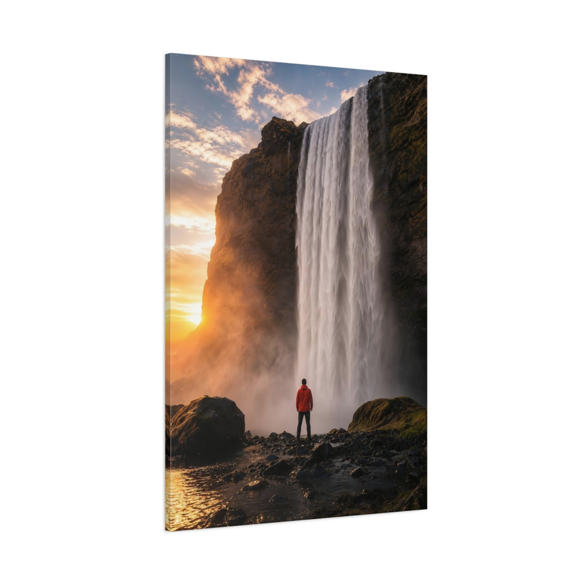 Side Mockup 1. Nature Waterfall Orange And Blue shown as stretched canvas wall art