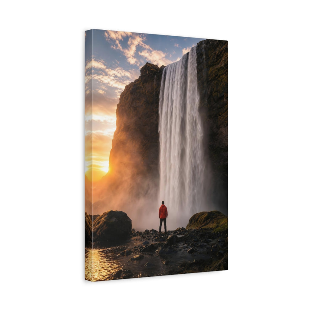 Side Mockup 4. Nature Waterfall Orange And Blue shown as stretched canvas wall art