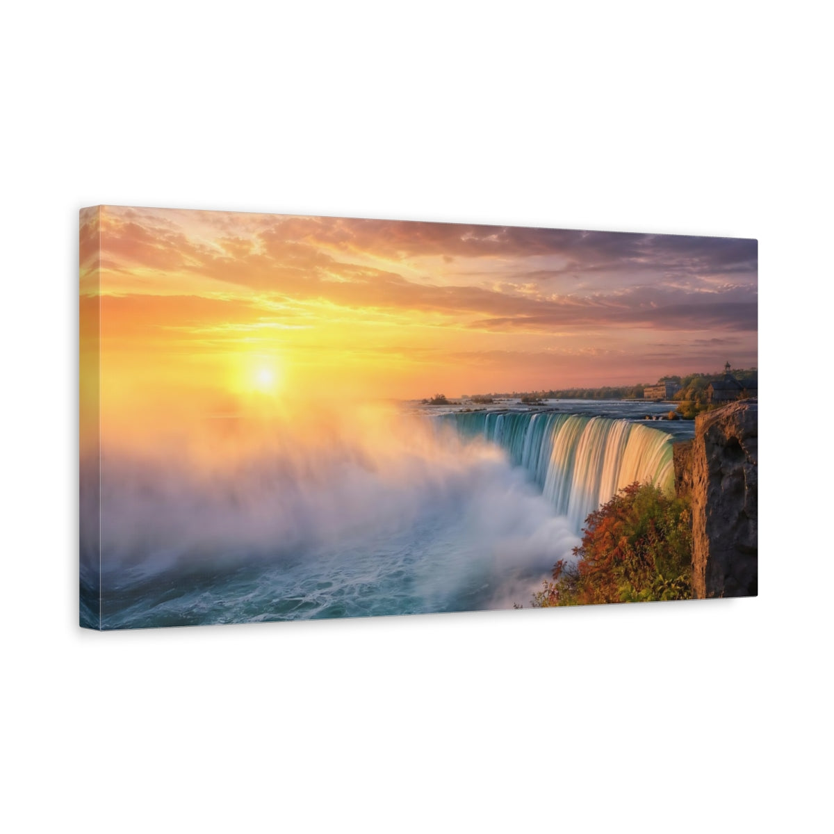 Side Mockup 3. Nature Waterfall Orange And Blue shown as stretched canvas wall art