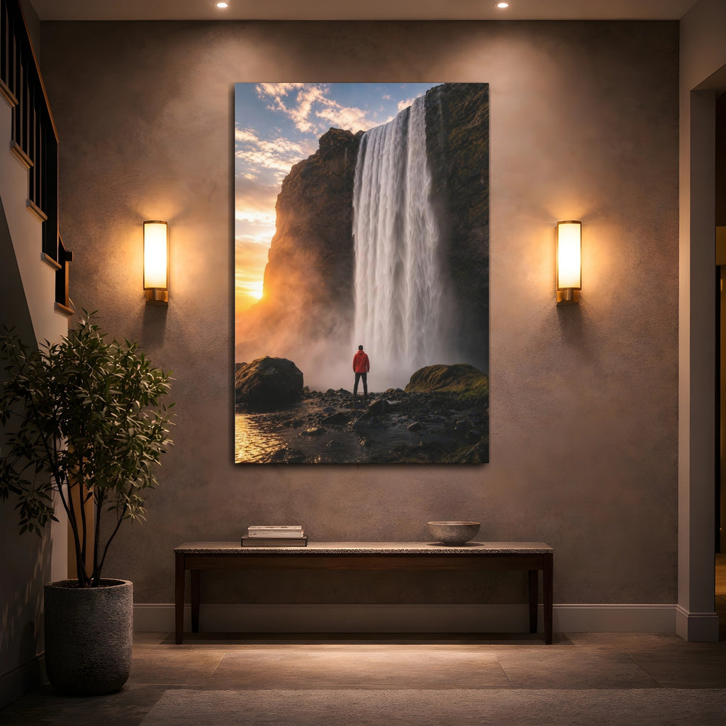 Mockup 2. Nature Waterfall Orange And Blue shown as stretched canvas wall art