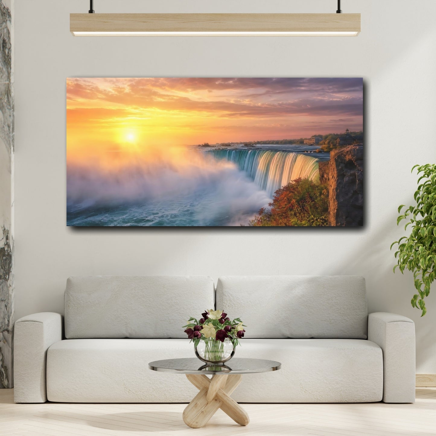 Mockup 2. Nature Waterfall Orange And Blue shown as stretched canvas wall art
