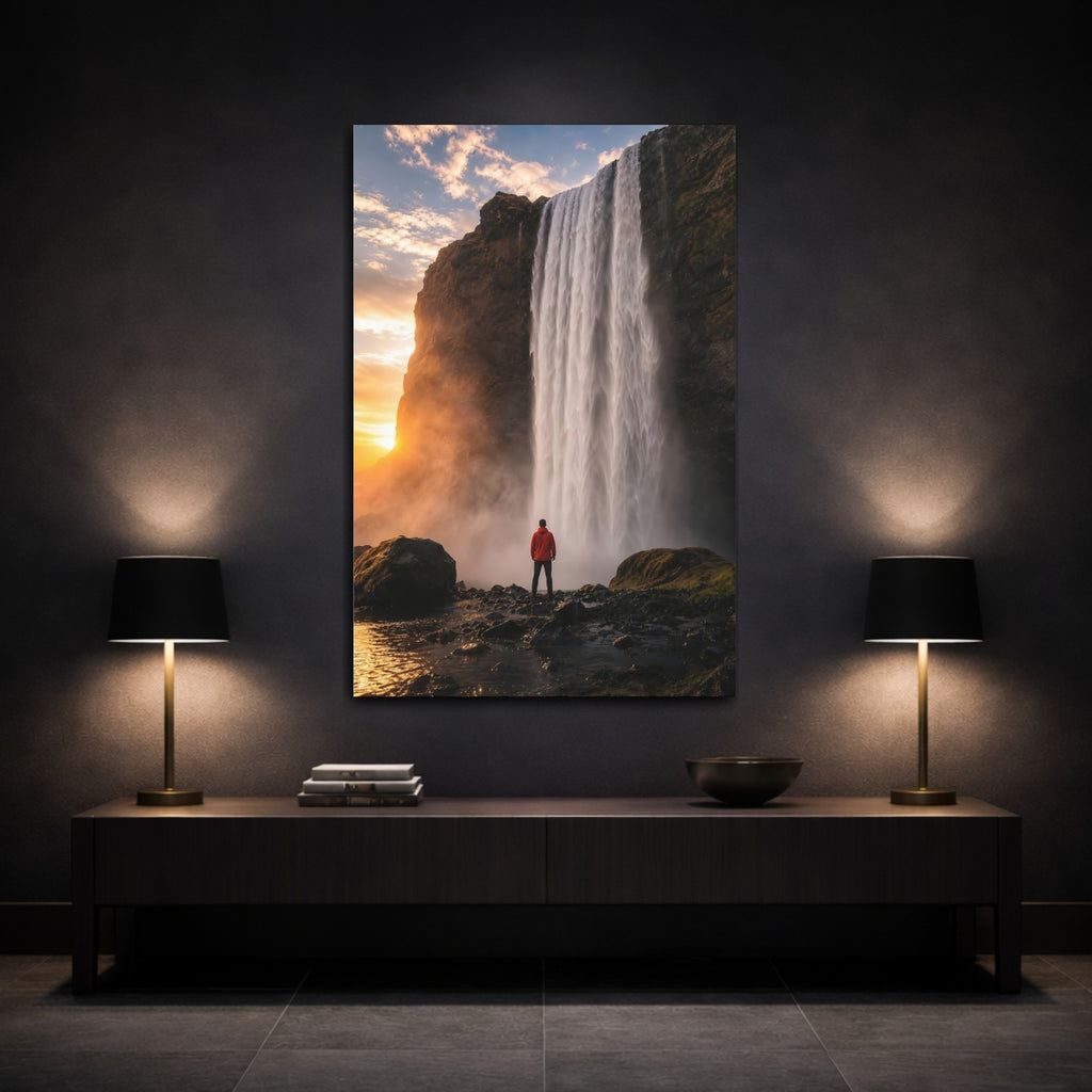 Mockup 3. Nature Waterfall Orange And Blue shown as stretched canvas wall art