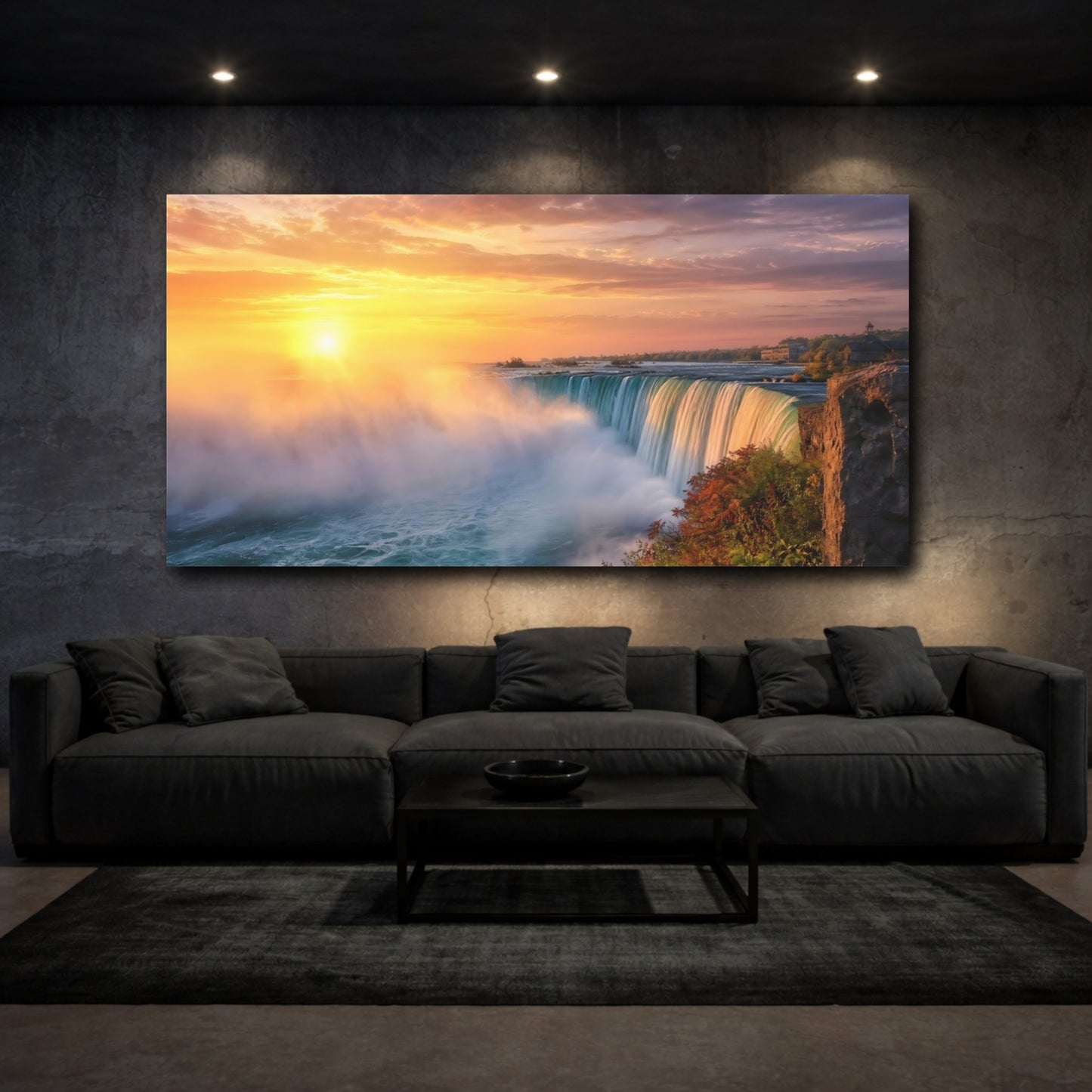 Mockup 3. Nature Waterfall Orange And Blue shown as stretched canvas wall art