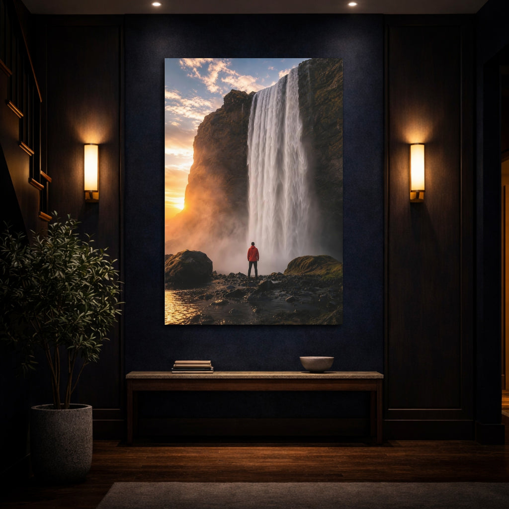 Mockup 4. Nature Waterfall Orange And Blue shown as stretched canvas wall art
