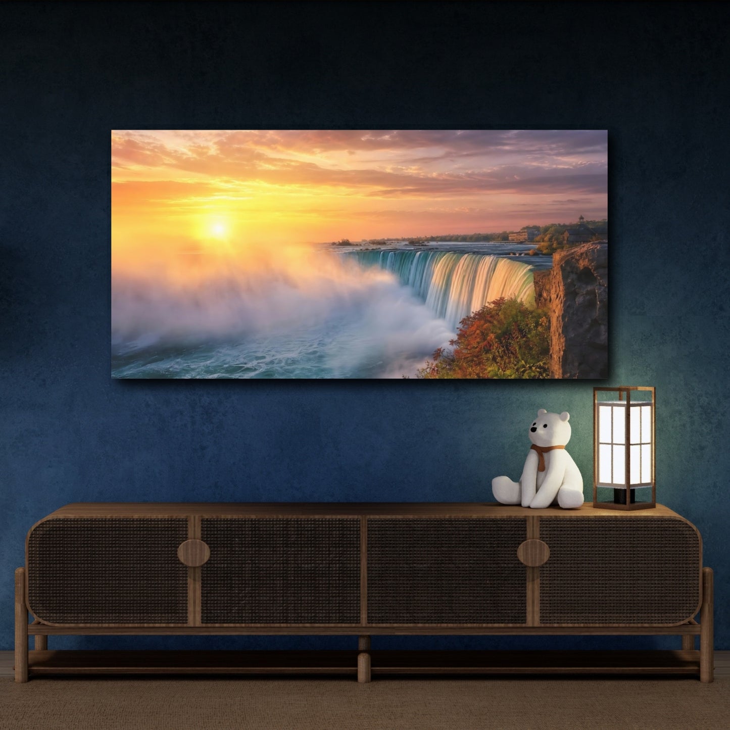 Mockup 4. Nature Waterfall Orange And Blue shown as stretched canvas wall art