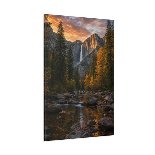 Main Mockup. Nature Waterfall Orange And Green shown as stretched canvas wall art