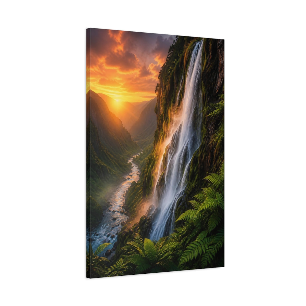 Main Mockup. Nature Waterfall Orange And Green shown as stretched canvas wall art