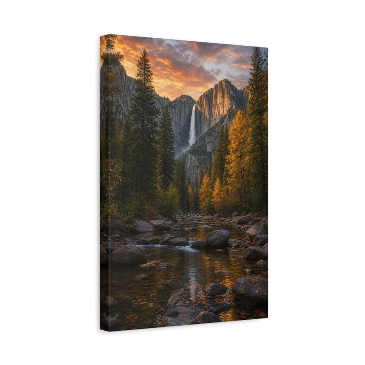 Side Mockup 4. Nature Waterfall Orange And Green shown as stretched canvas wall art