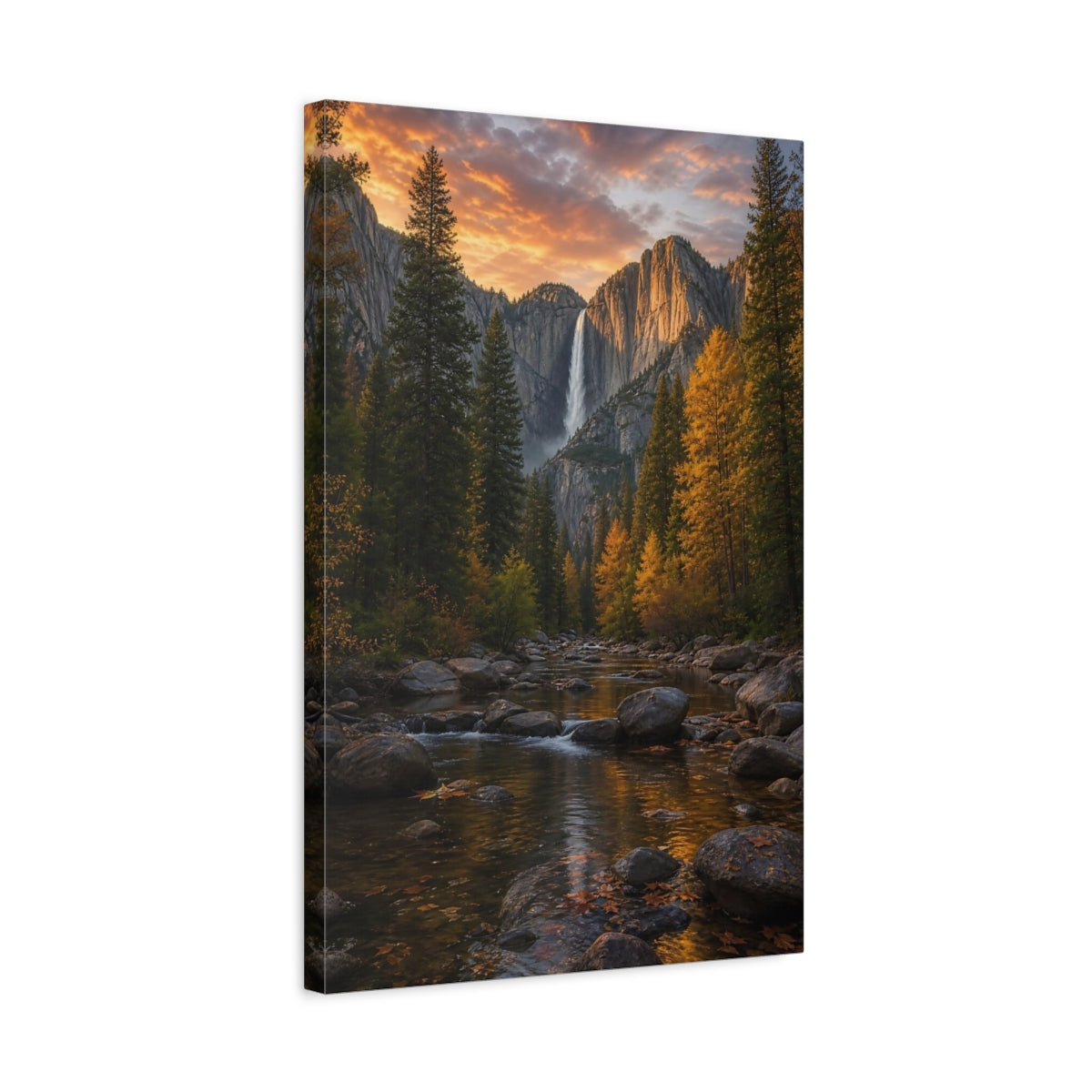 Nature Waterfall Orange and Green Canvas Wall Art Print - Realistic Living Room Above Couch shown as canvas wall art