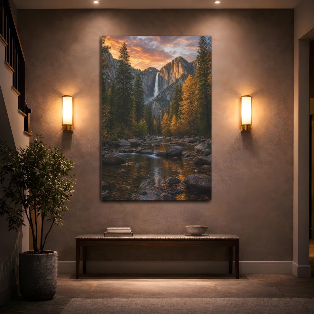 Mockup 2. Nature Waterfall Orange And Green shown as stretched canvas wall art