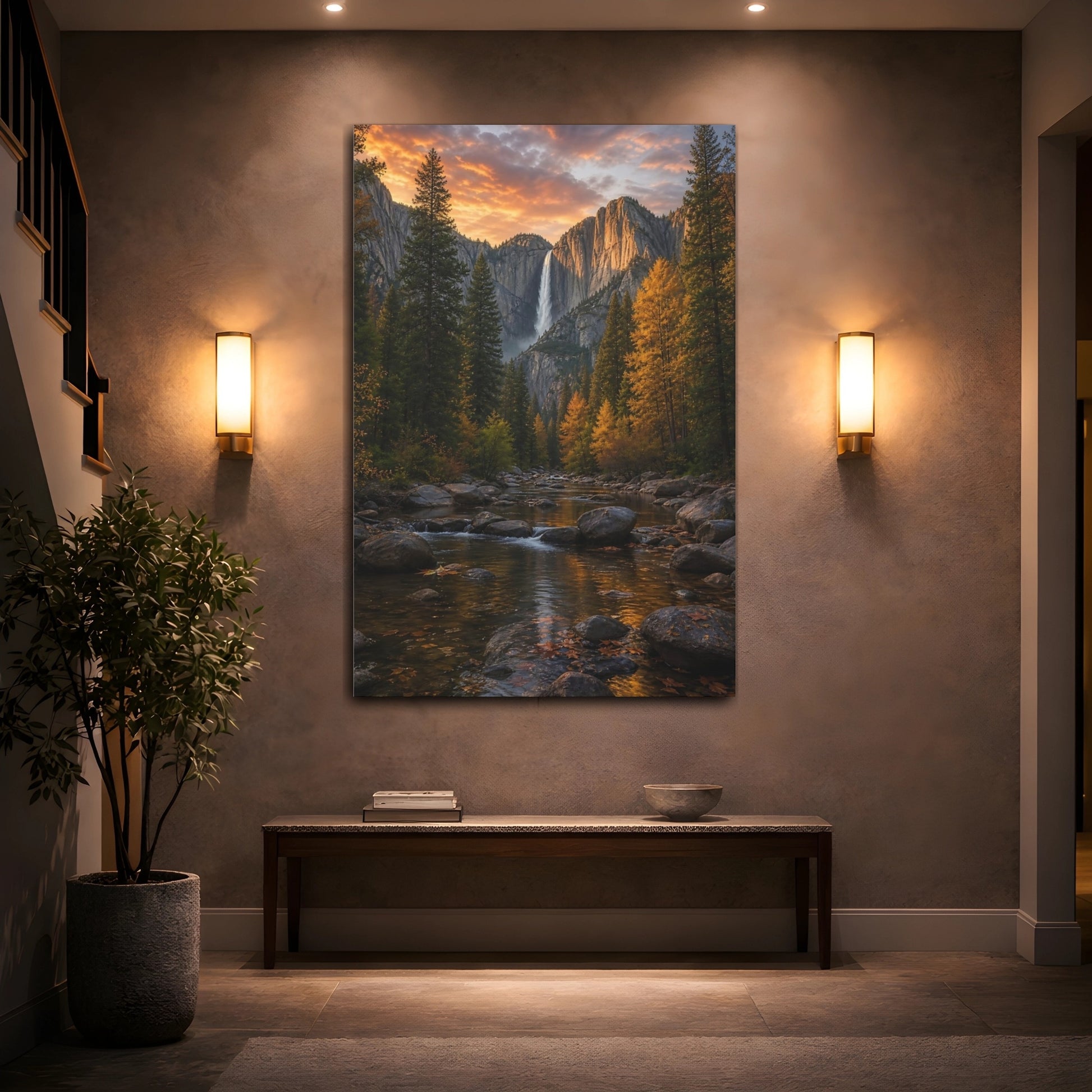 Nature Waterfall Orange and Green Canvas Wall Art Print - Realistic Living Room Above Couch shown as canvas wall art