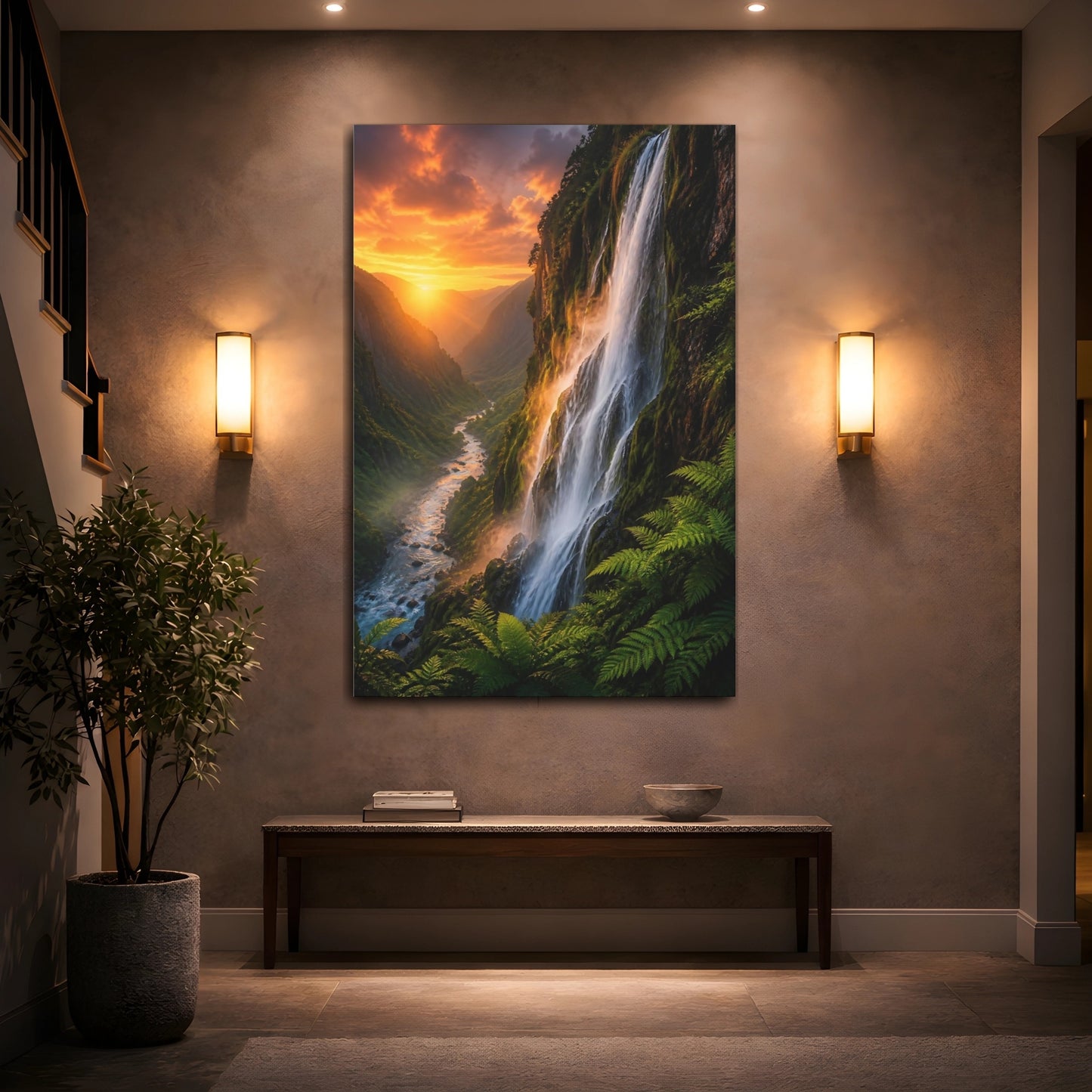 Mockup 2. Nature Waterfall Orange And Green shown as stretched canvas wall art