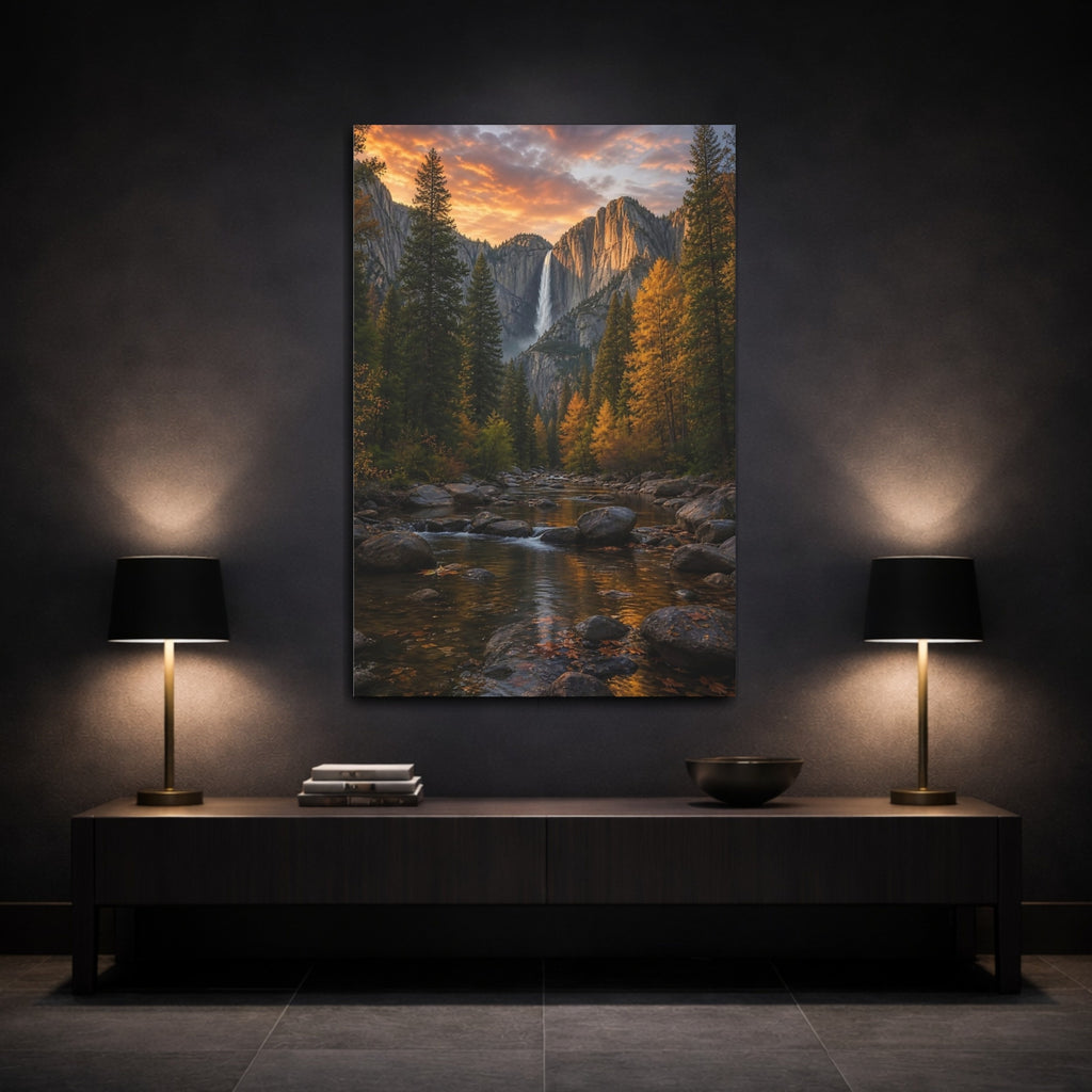 Mockup 3. Nature Waterfall Orange And Green shown as stretched canvas wall art