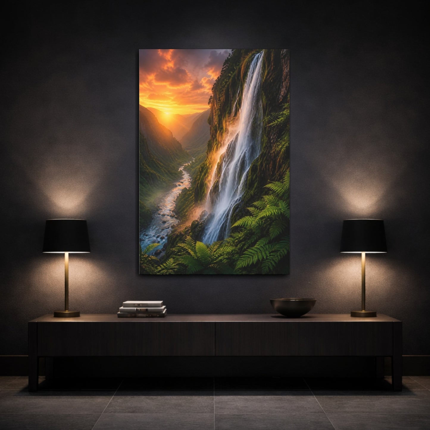 Mockup 3. Nature Waterfall Orange And Green shown as stretched canvas wall art
