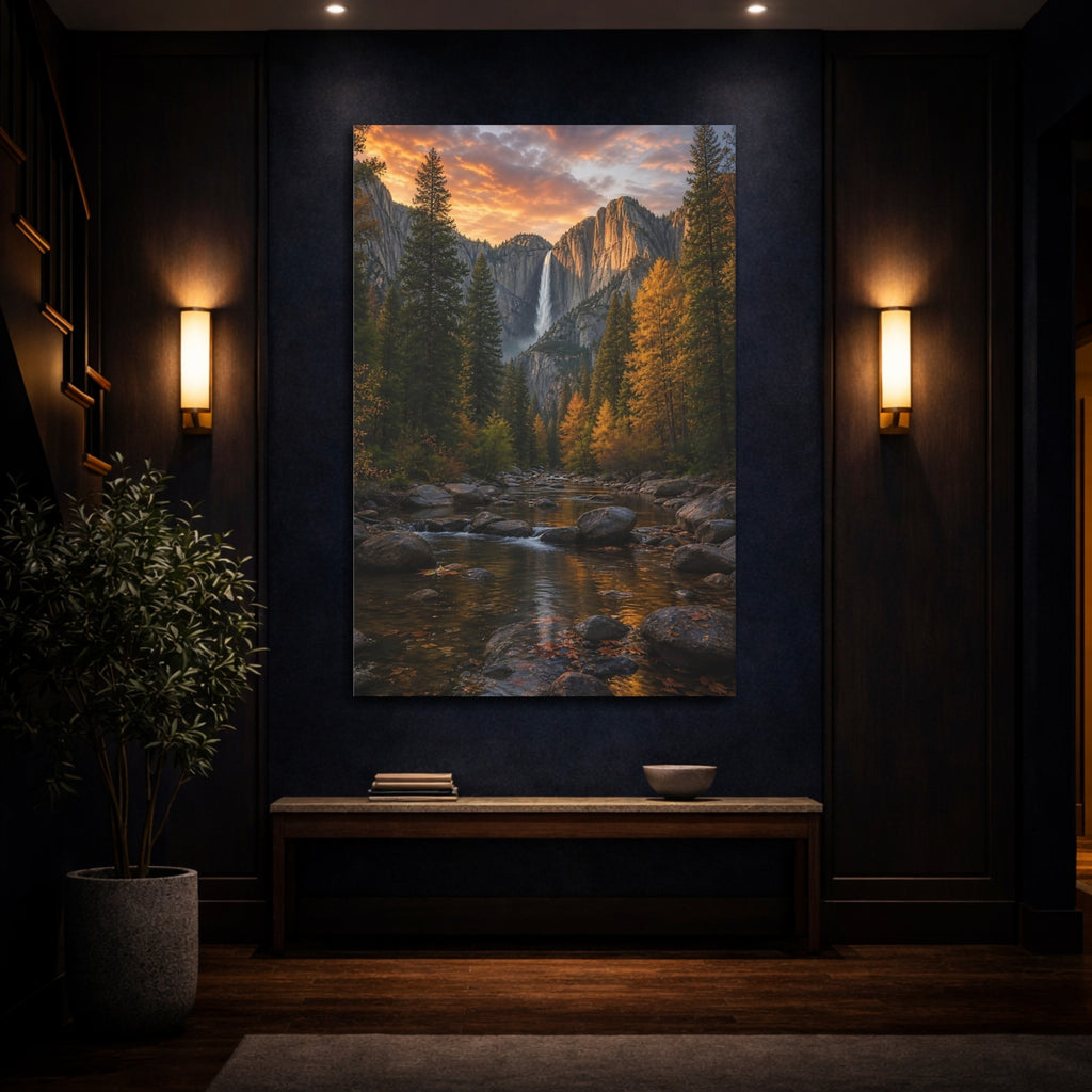 Mockup 4. Nature Waterfall Orange And Green shown as stretched canvas wall art