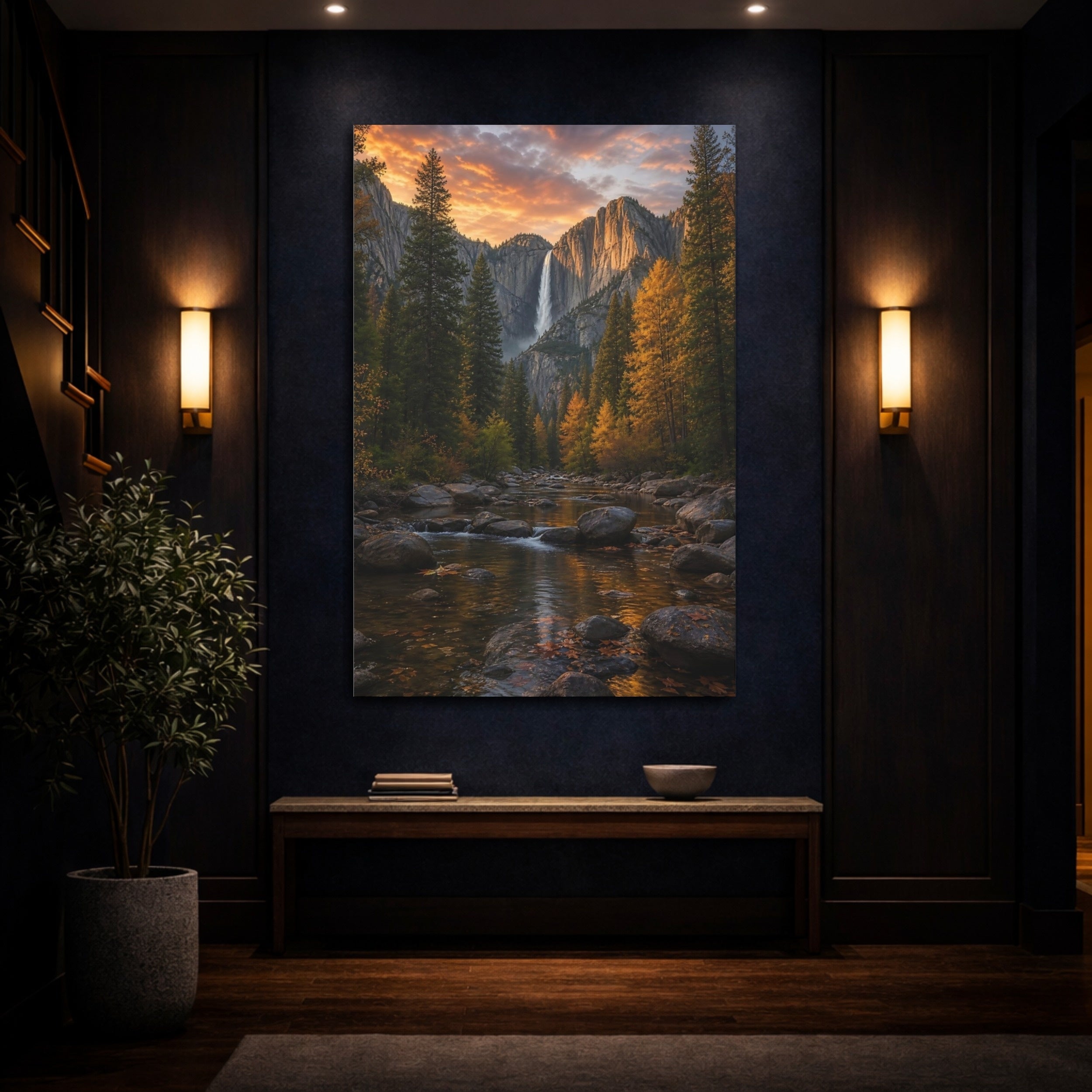 Mockup 4. Nature Waterfall Orange And Green shown as stretched canvas wall art