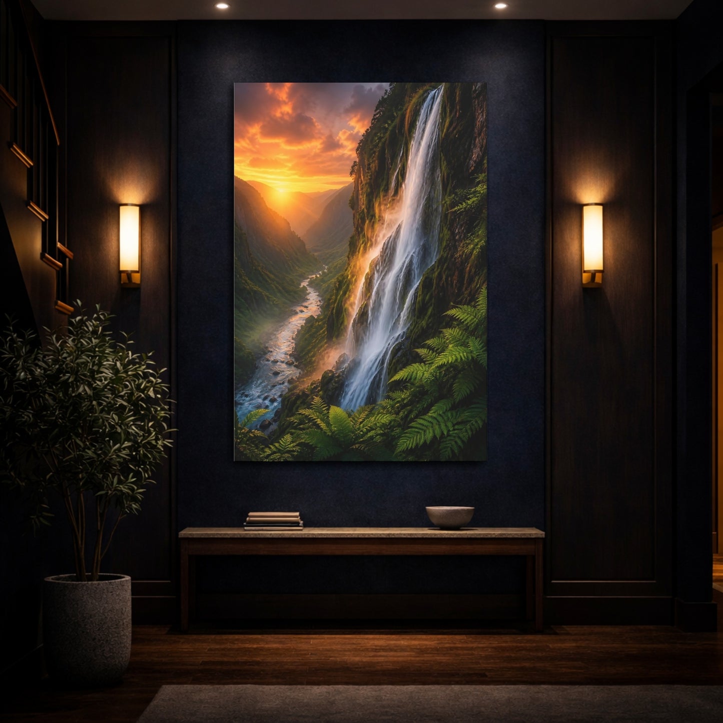 Mockup 4. Nature Waterfall Orange And Green shown as stretched canvas wall art