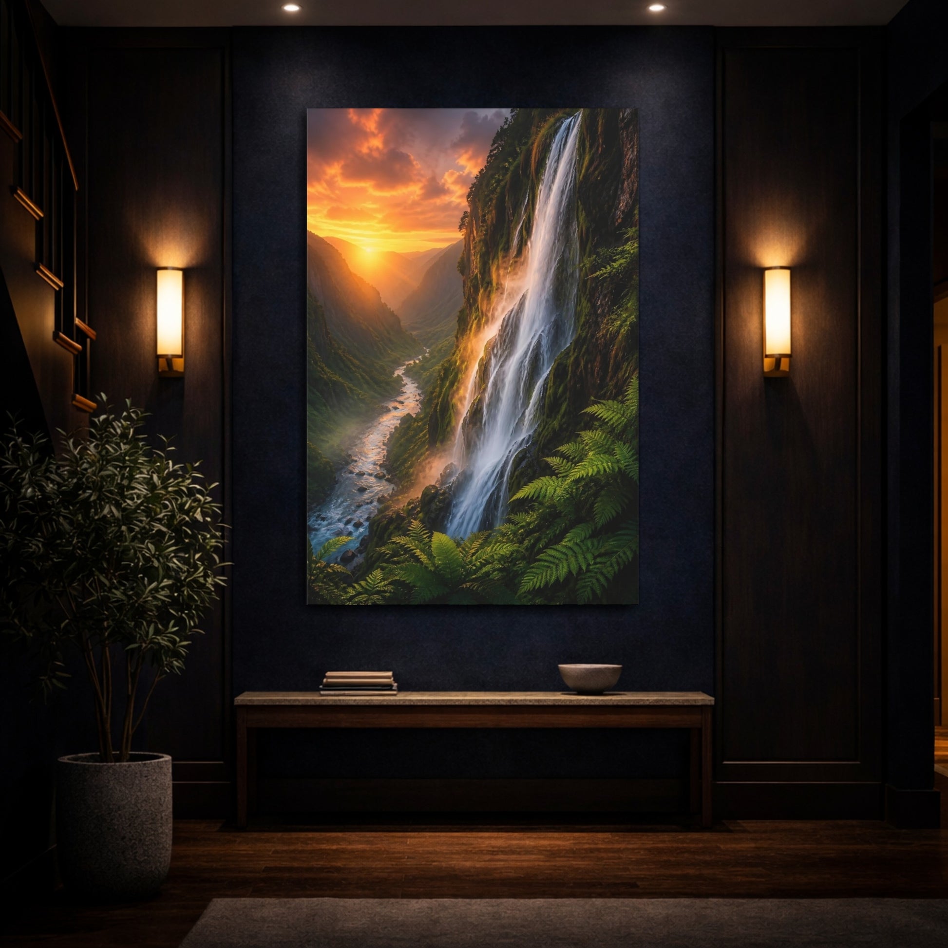 Mockup 4. Nature Waterfall Orange And Green shown as stretched canvas wall art