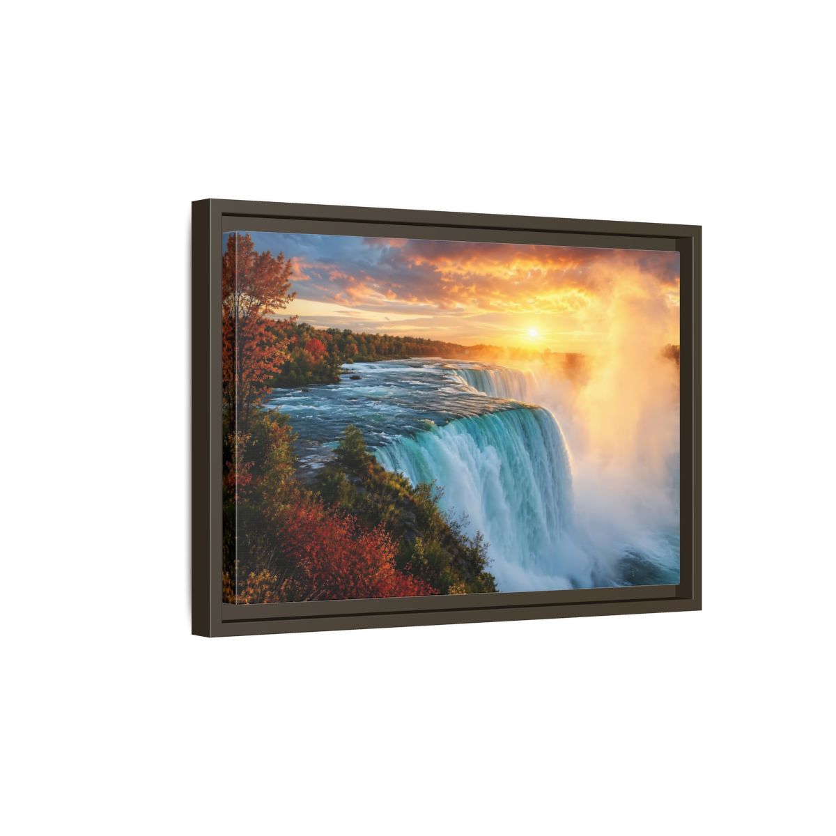 Side Mockup 5. Nature Waterfall Orange Blue Waterfall shown as stretched canvas wall art