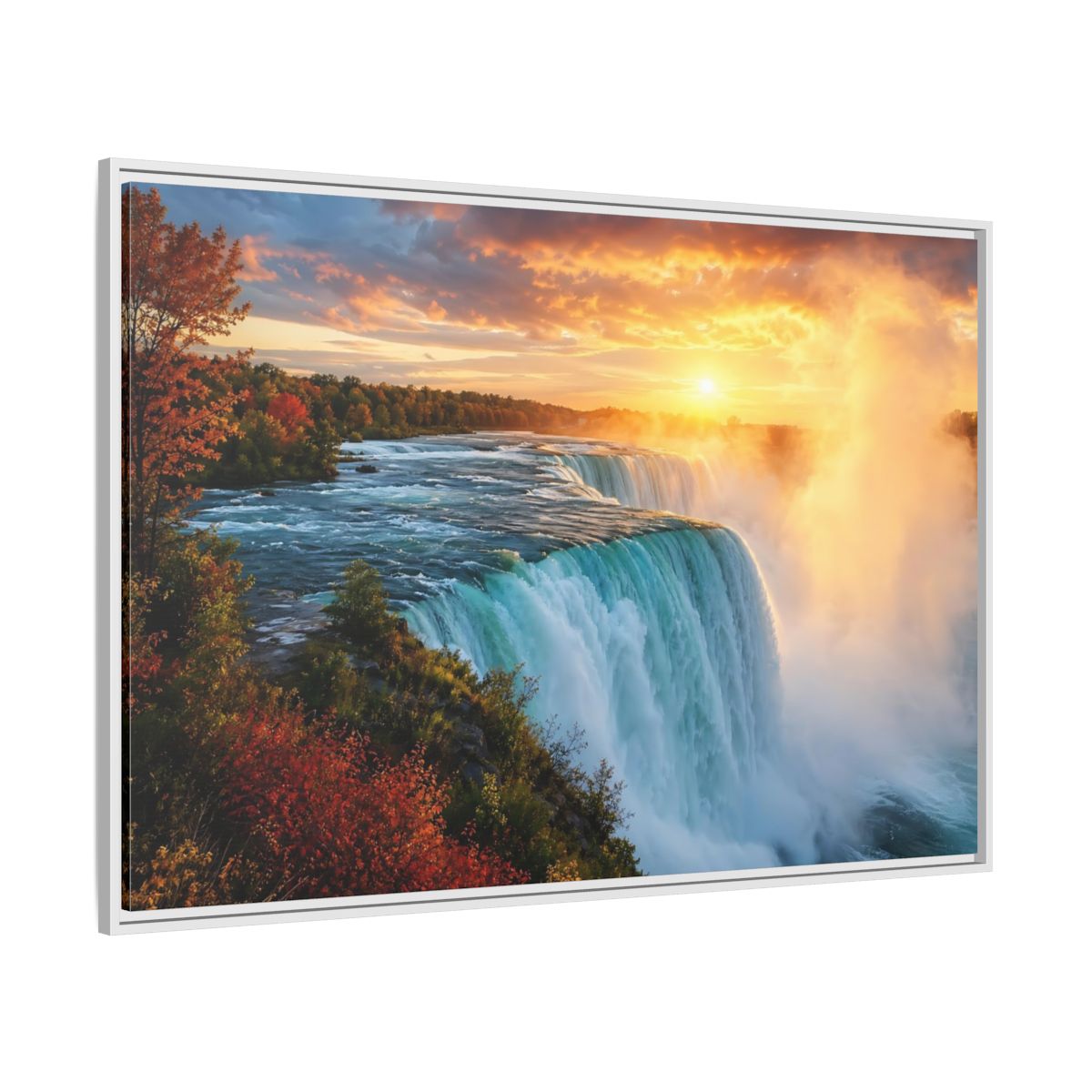Side Mockup 7. Nature Waterfall Orange Blue Waterfall shown as stretched canvas wall art