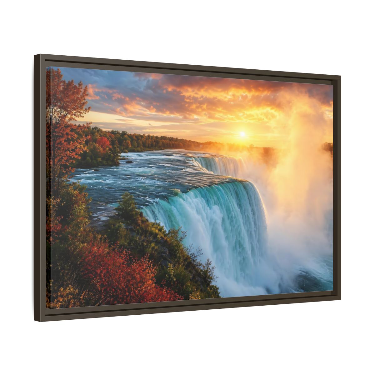 Side Mockup 11. Nature Waterfall Orange Blue Waterfall shown as stretched canvas wall art