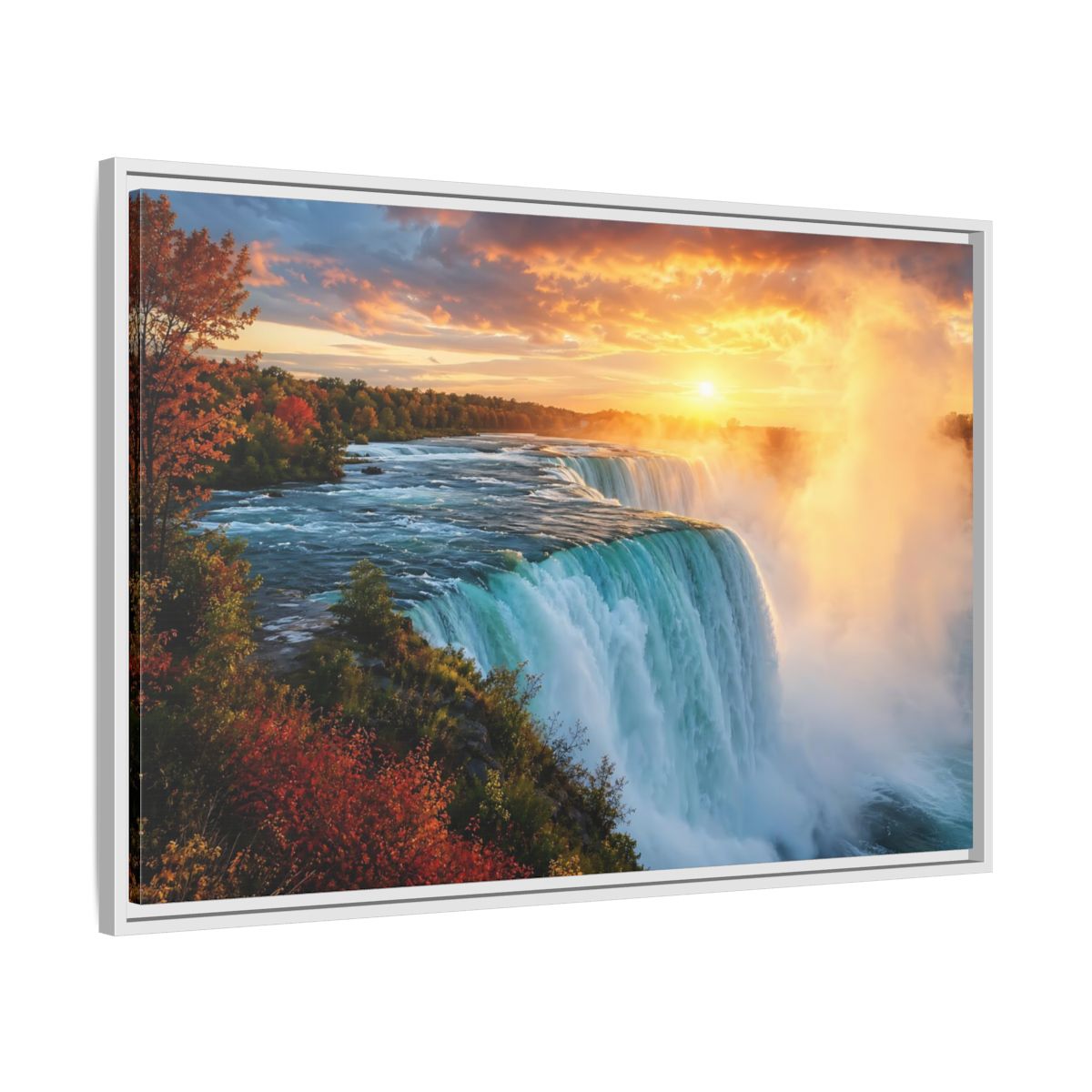Side Mockup 9. Nature Waterfall Orange Blue Waterfall shown as stretched canvas wall art
