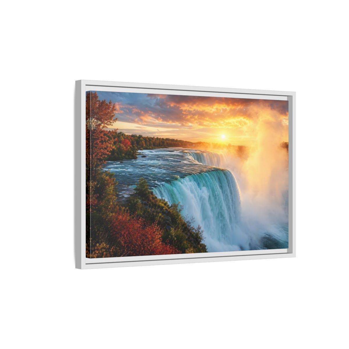 Side Mockup 1. Nature Waterfall Orange Blue Waterfall shown as stretched canvas wall art