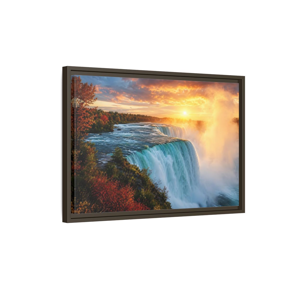 Side Mockup 2. Nature Waterfall Orange Blue Waterfall shown as stretched canvas wall art