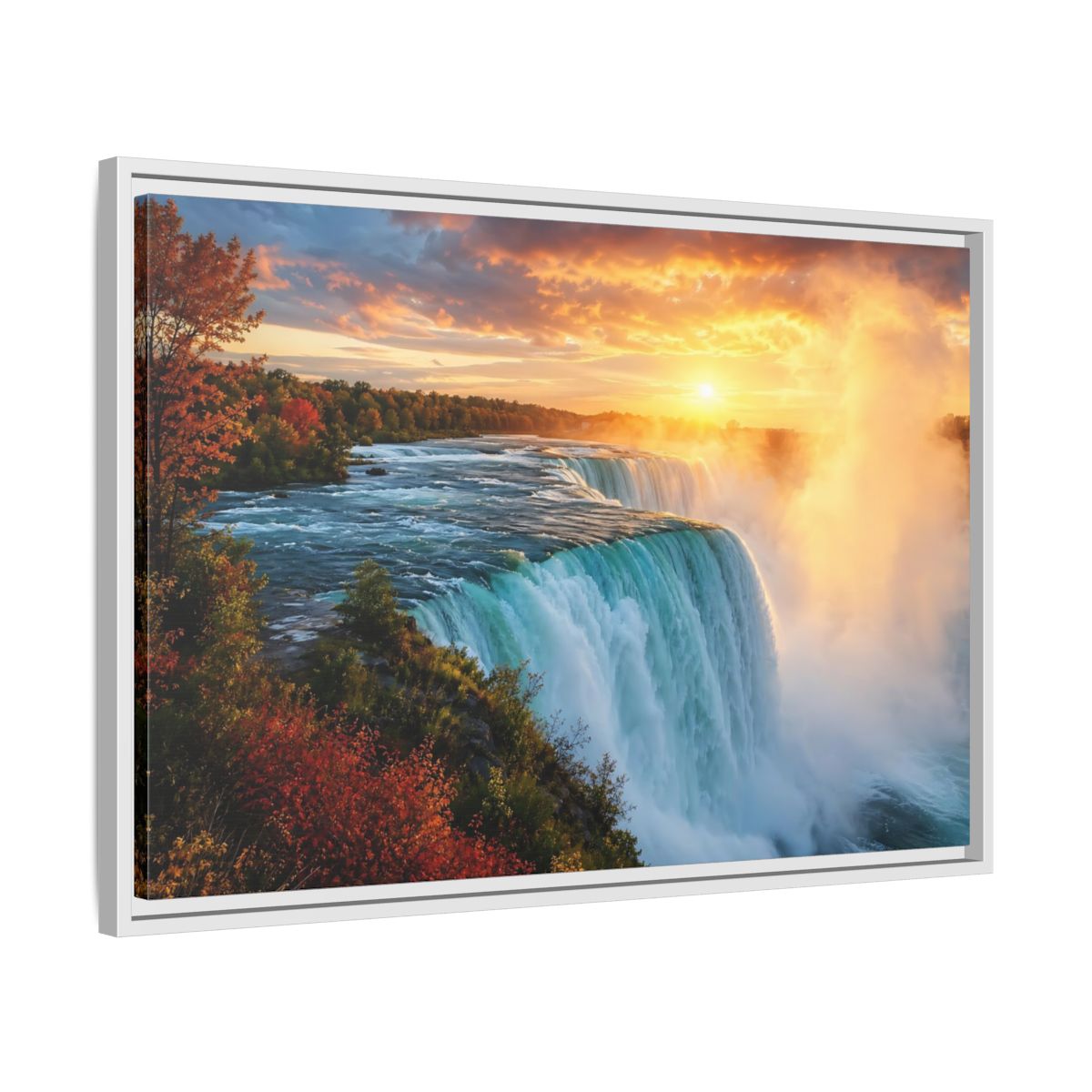 Side Mockup 10. Nature Waterfall Orange Blue Waterfall shown as stretched canvas wall art