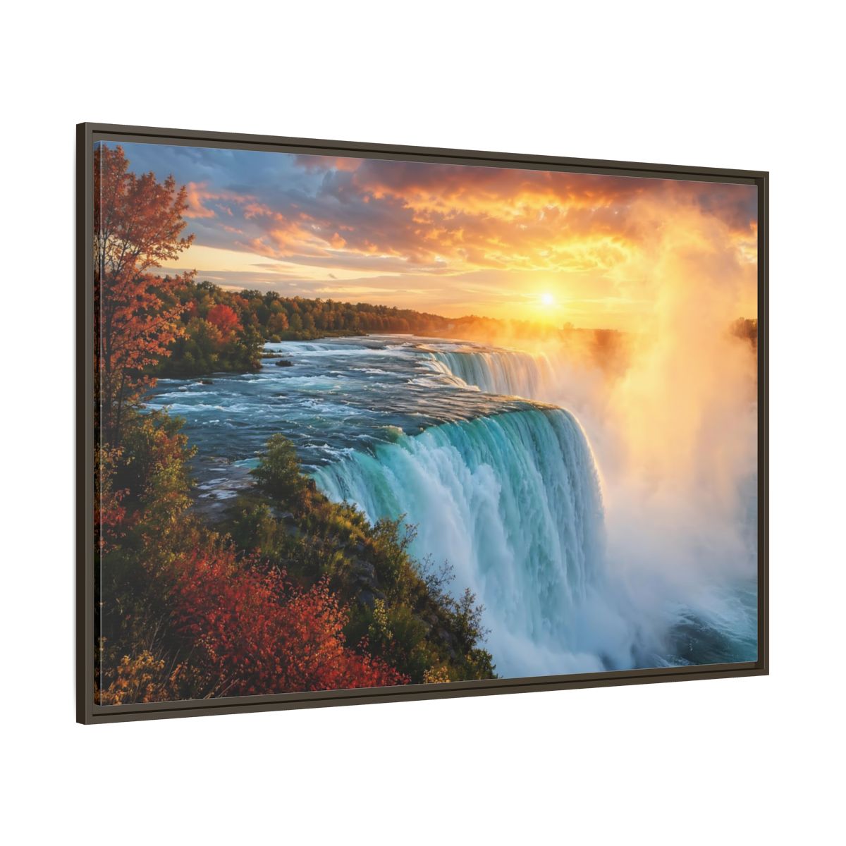 Side Mockup 8. Nature Waterfall Orange Blue Waterfall shown as stretched canvas wall art