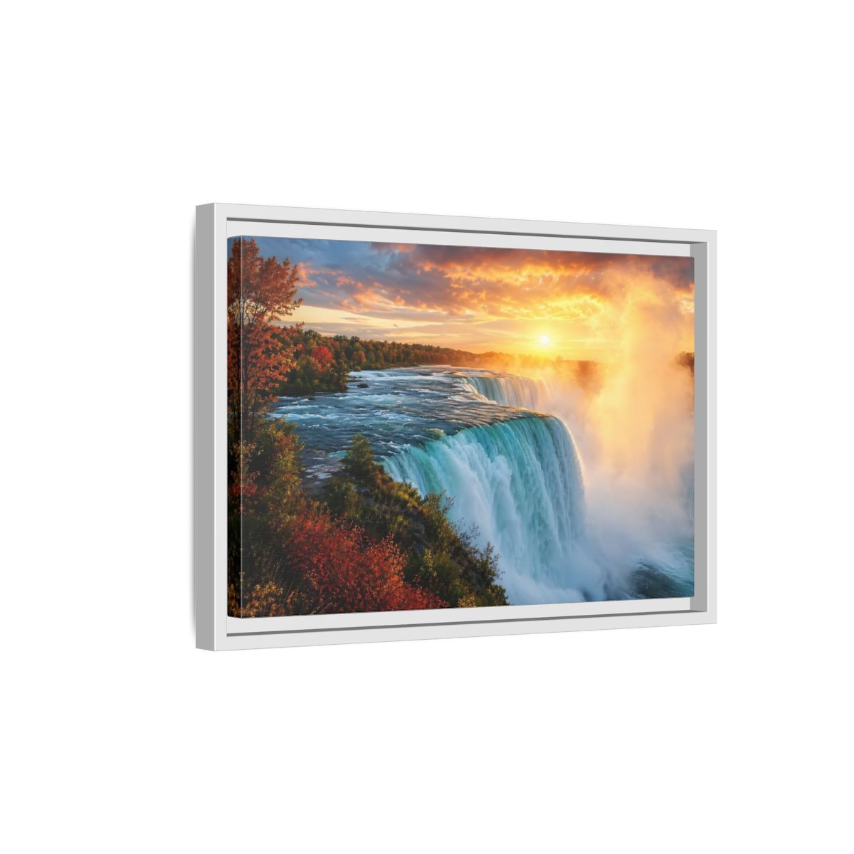 Side Mockup 4. Nature Waterfall Orange Blue Waterfall shown as stretched canvas wall art
