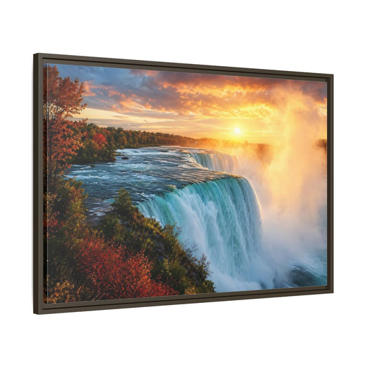 Main Mockup. Nature Waterfall Orange Blue Waterfall shown as stretched canvas wall art