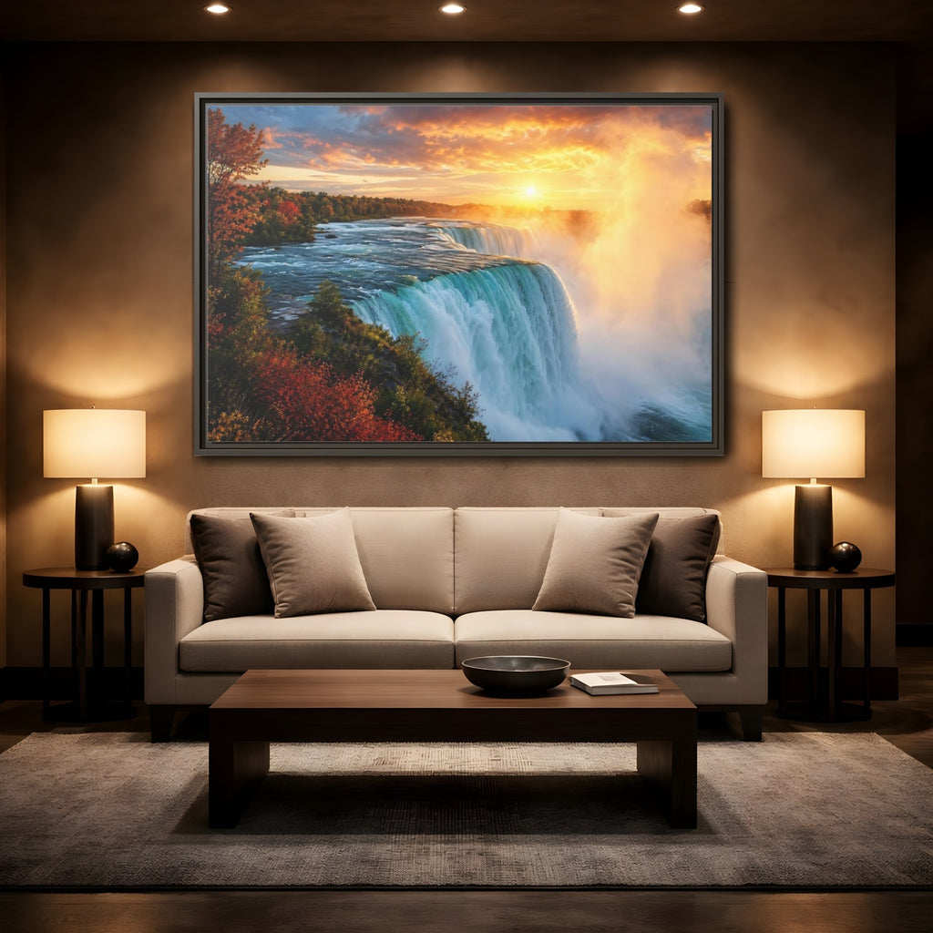 Mockup 2. Nature Waterfall Orange Blue Waterfall shown as stretched canvas wall art