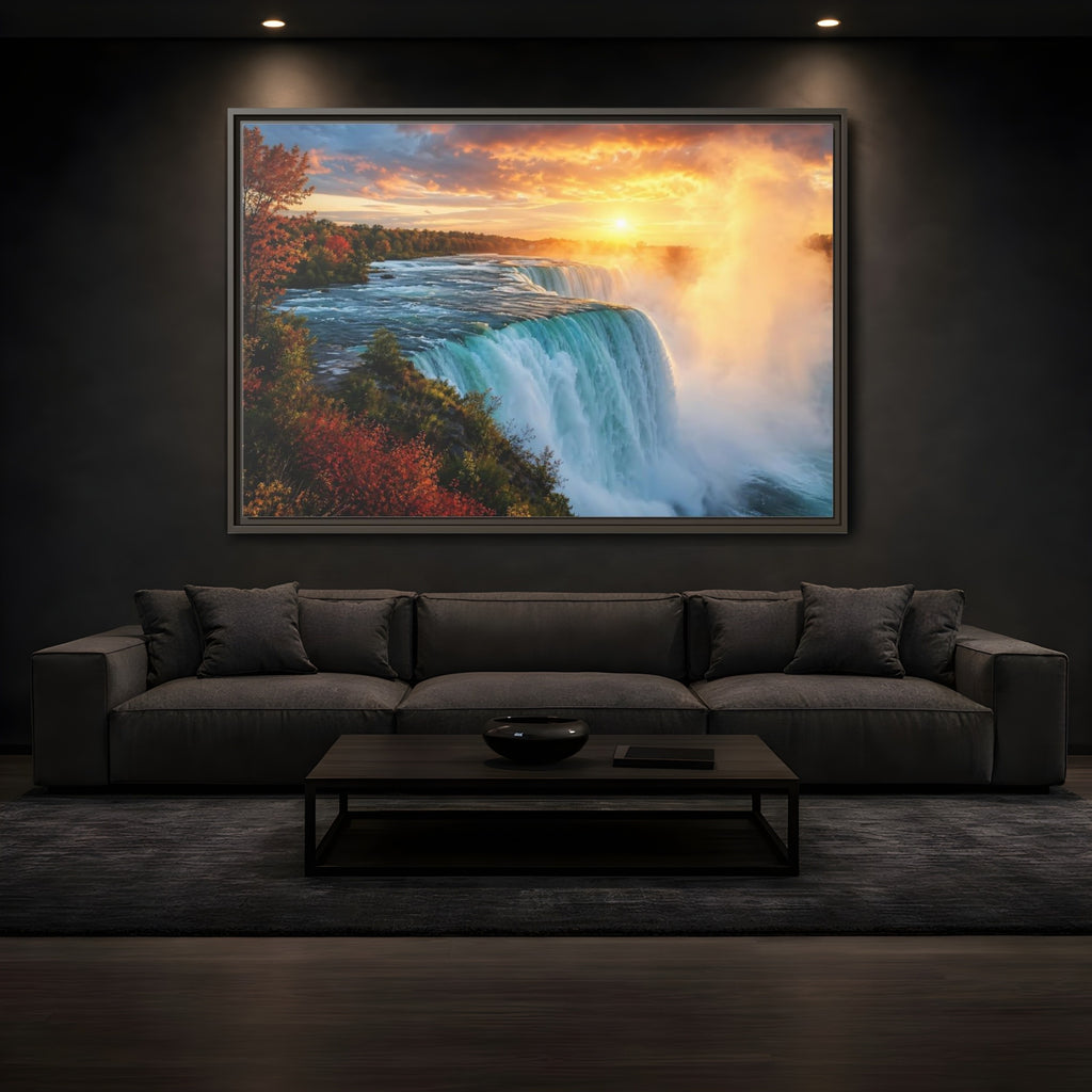 Mockup 3. Nature Waterfall Orange Blue Waterfall shown as stretched canvas wall art