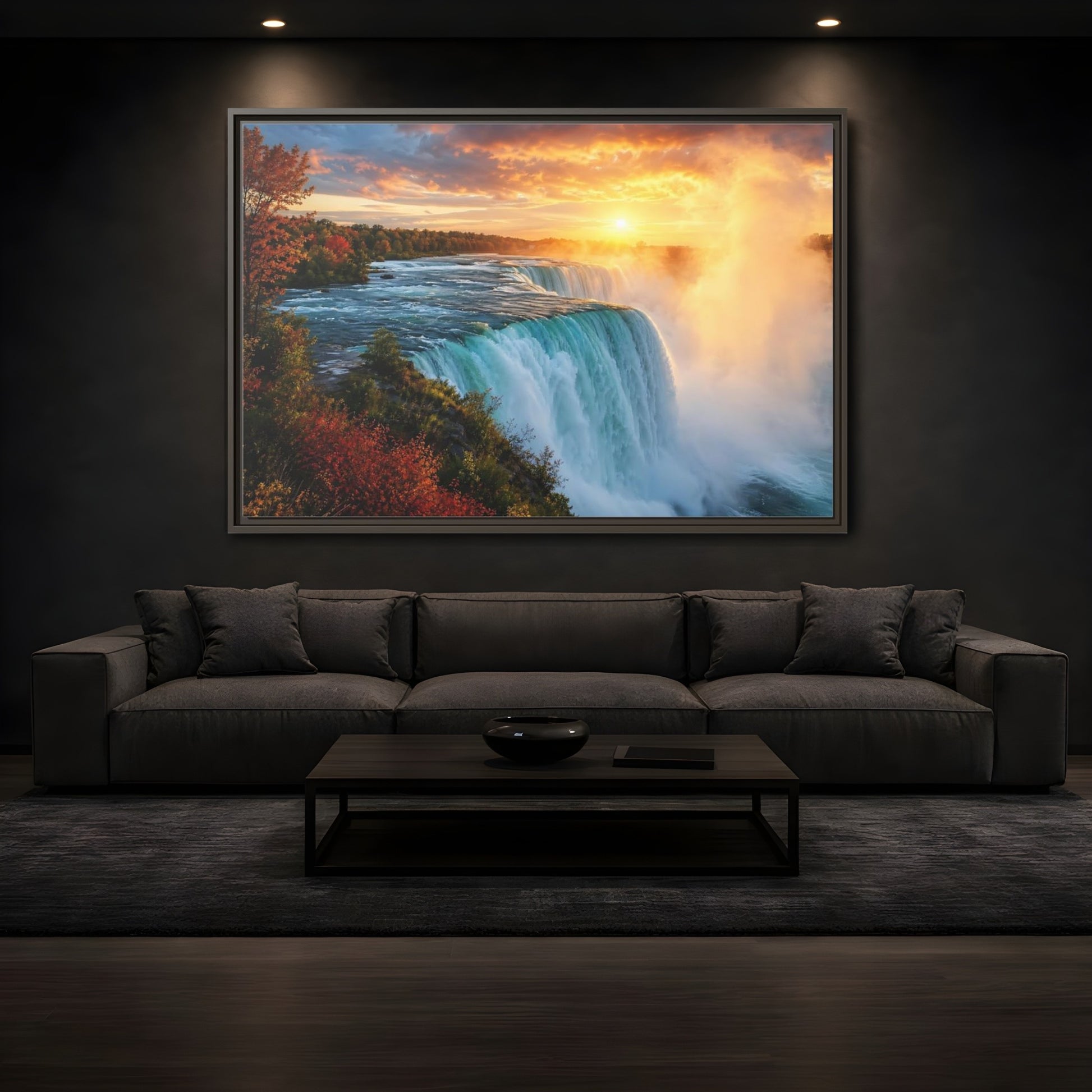Mockup 3. Nature Waterfall Orange Blue Waterfall shown as stretched canvas wall art